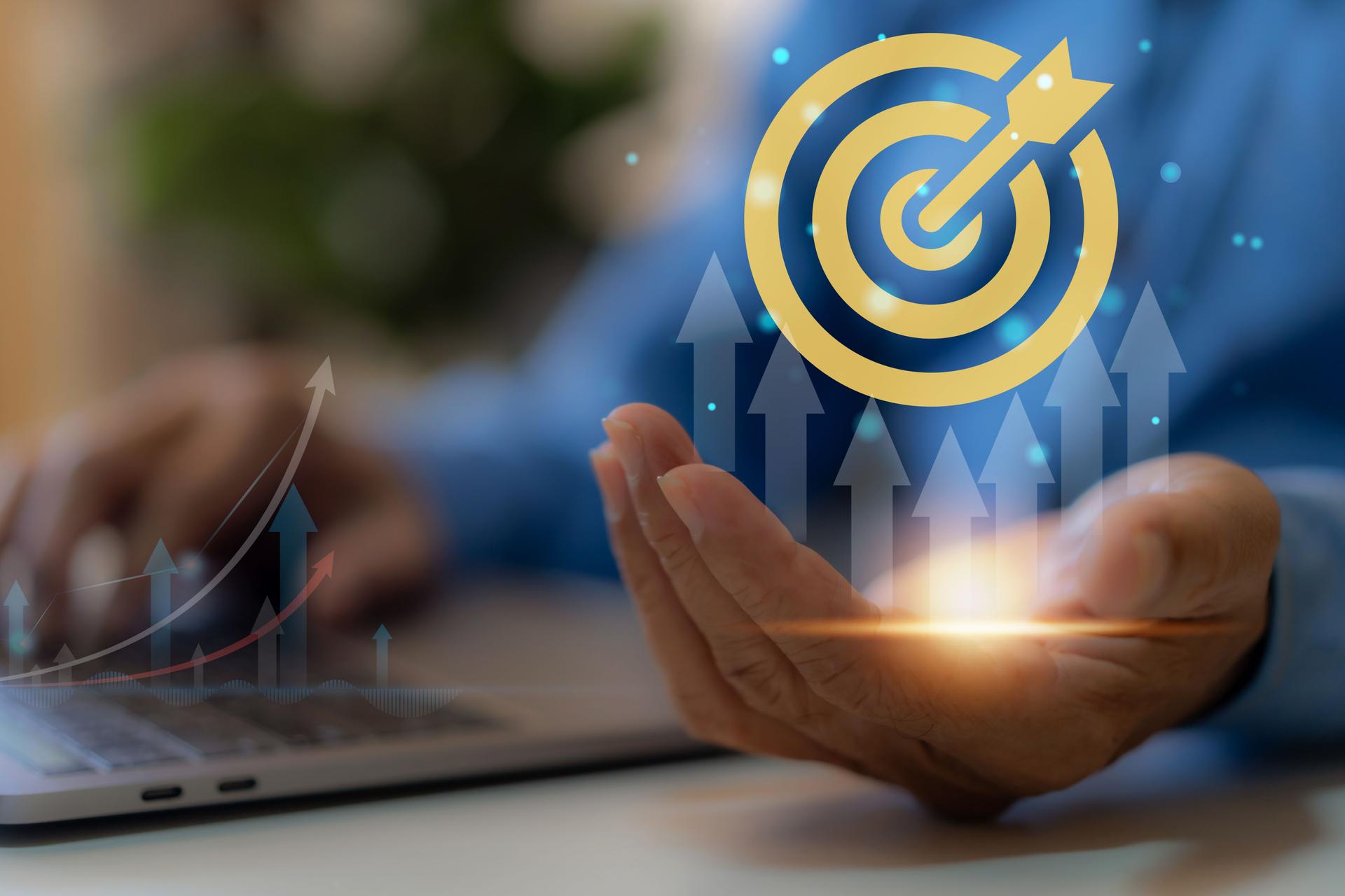 Businessman with target icon business, target goal, market goal, consumer, digital marketing, strategy, action plan, achievement, success, financial growing, business development