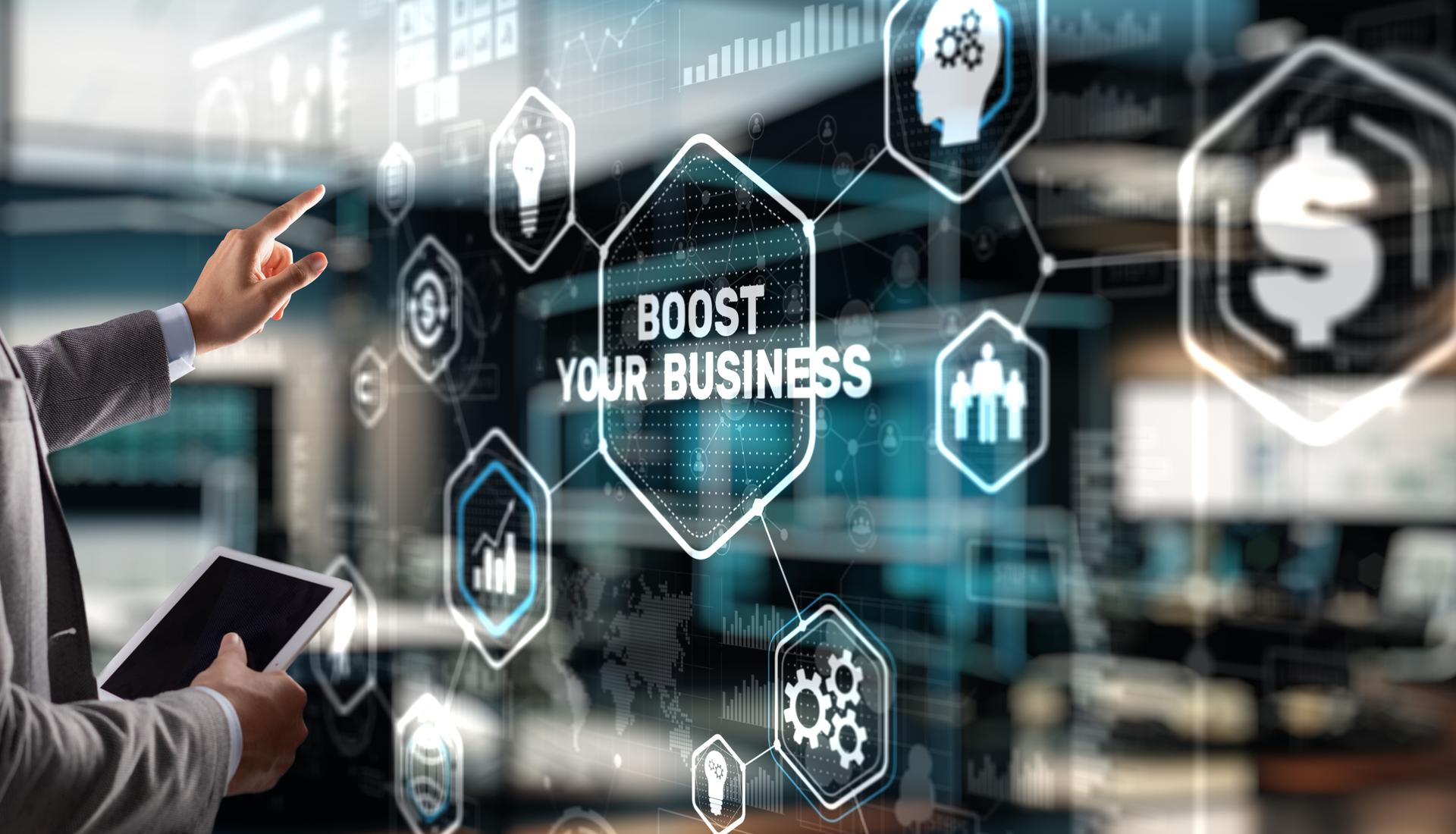 Boost Your Business 2023. Businessman touching finger virtual screen